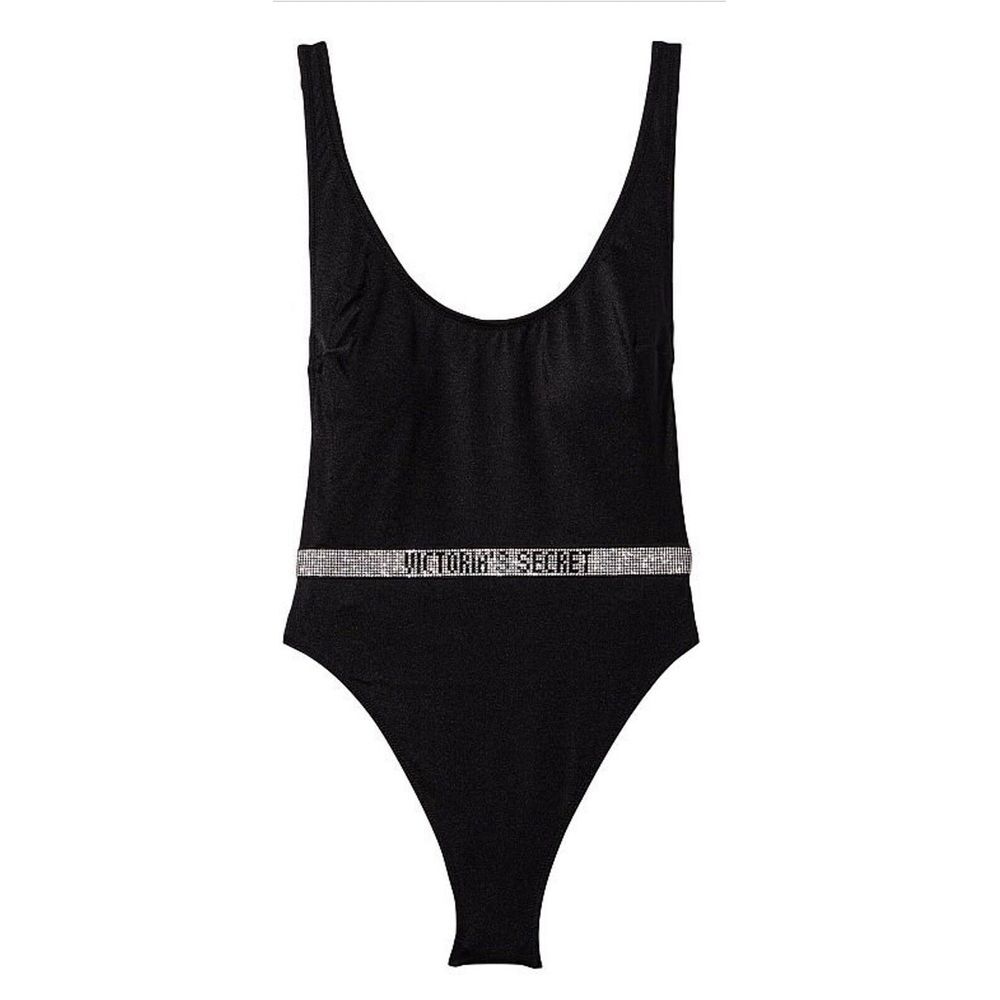 VICTORIA'S‎ SECRET Shine Strap Plunge Swimsuit Side Boob High Cut Black Bling L